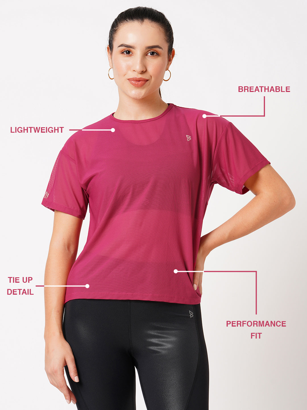 Viva Magenta Tie Up Mesh Tee BODD ACTIVE