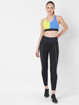 Vista Blue And Neon Colour Block High Rise Leggings BODD ACTIVE