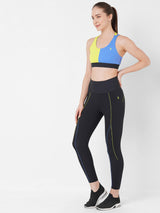 Vista Blue And Neon Colour Block High Rise Leggings boddactive.com